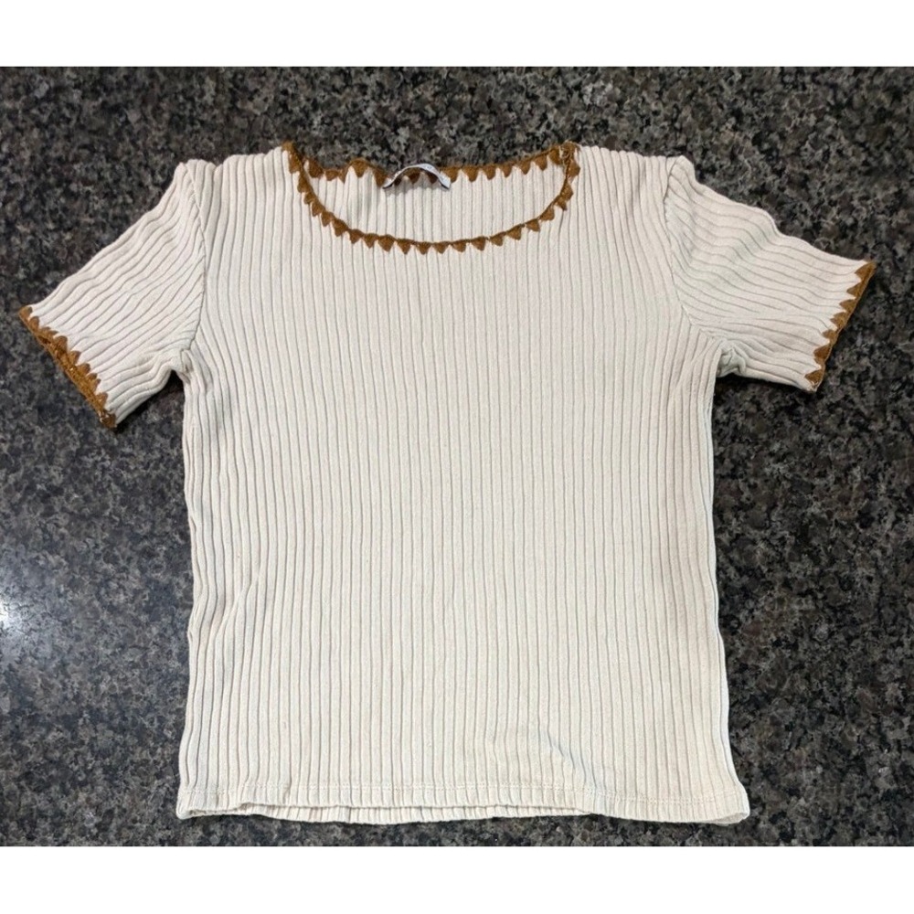 Zara Cream Ribbed Knit Short Sleeve Top Mustard Crochet Trim‎ Small